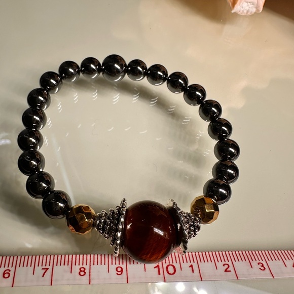 GUNPOWDER HEMATITE + TIGERS EYE NATURAL STONES BRACELET size 7” up to 7.5” - Picture 9 of 10
